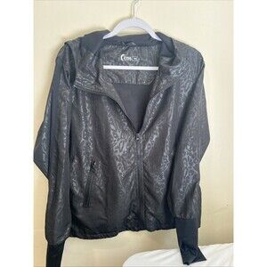 Zyia Active Women’s Black Leopard Hooded Windbreaker Jacket, Zip Pockets, Medium